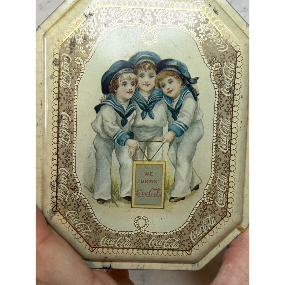Vintage Coca-Cola Tin Sailor Children Nautical‎ Octagonal Gold Tone Collectible